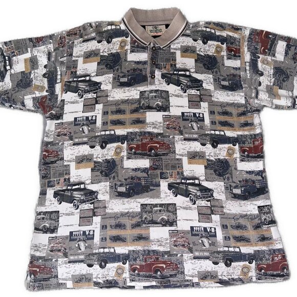 Vintage 90s Redhead Antique Classic Cars AOP Essential Polo Shirt Size Large - Picture 1 of 4